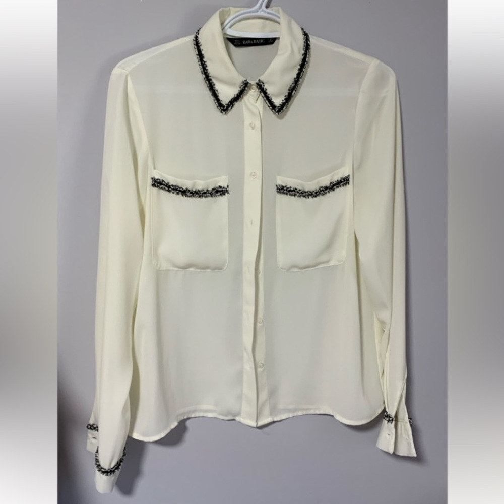 ZARA Botton-down tweed trim blouse